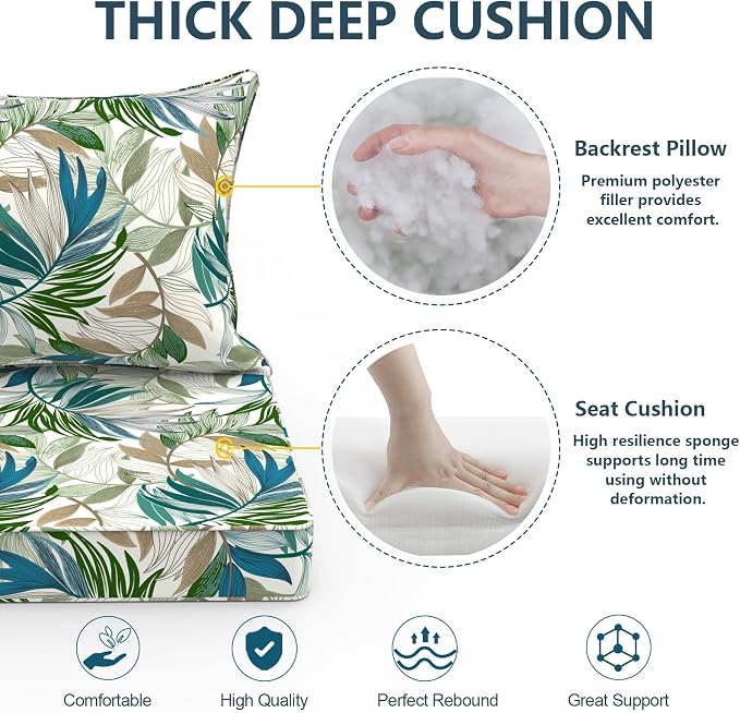 DYTXIII Outdoor Deep Seat Cushion Set, Water Repellent 24"x24" Patio Thick Cushions Replacement with Seat & Back Pillow for Patio Sofa, Wicker Chair, Couch - Lush Leaf Green