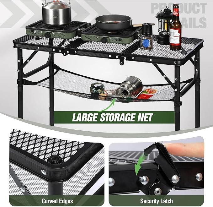 REDCAMP Small Triple fold Folding Grill Table for Outside, 3 Heights Adjustable Lightweight Portable Metal Frame Outdoor Table for Camping Picnic Cooking BBQ, Black, 34x16 inches