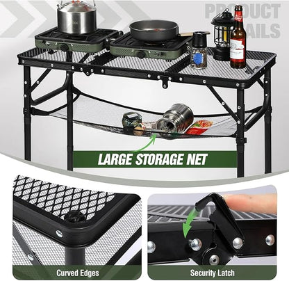REDCAMP Small Triple fold Folding Grill Table for Outside, 3 Heights Adjustable Lightweight Portable Metal Frame Outdoor Table for Camping Picnic Cooking BBQ, Black, 34x16 inches