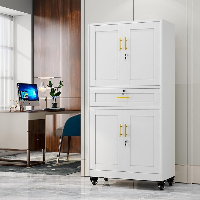 GAIOUS Metal Garage Storage Cabinet with Wheels and Drawer, Steel File Cabinet for Home Office, 71'' Tall Tool Cabinet with 4 Locking Doors and 3 Adjustable Shelves, Rolling Cabinet for Garage - White