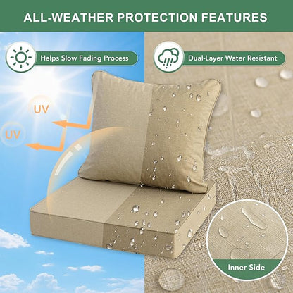 Summsun Outdoor Chair Cushions Set of 2, Faux Linen Patio Furniture Cushions, Water Resistant Backrest and Seat Cushion Set with Ties, Removable Cover, Non-Slip Bottom, 19 x 19 Inch, Nature