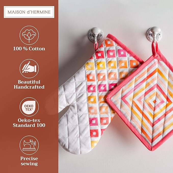 Maison d' Hermine 100% Cotton Oven Mitt & Pot Holder Set (7.5"x13" & 8"x8") Heat Resistant BBQ Cooking Gloves with Loop Baking Grilling Kitchen Hotel Home Farmhouse Spring Summer (Summer Maze)