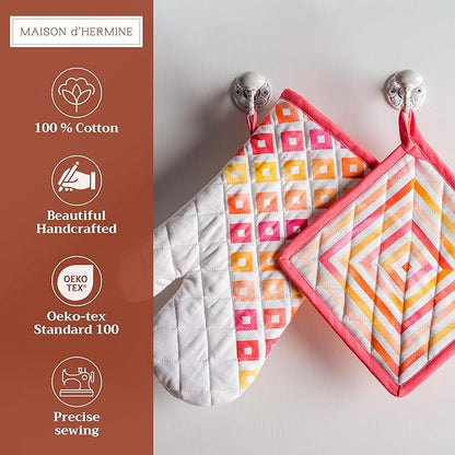 Maison d' Hermine 100% Cotton Oven Mitt & Pot Holder Set (7.5"x13" & 8"x8") Heat Resistant BBQ Cooking Gloves with Loop Baking Grilling Kitchen Hotel Home Farmhouse Spring Summer (Summer Maze)