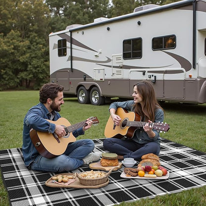 GENIMO Outdoor Rug, Waterproof Plastic Rugs for Patio, 6'x9' Black Plaid | Outside Larger Modern Carpet Mat for Porch Decor, Deck, Balcony, Camping, RV, Backyard, Picnic, Beach, Reversible, Foldable