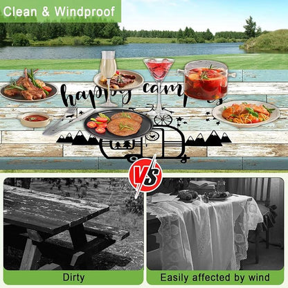 JAWO Picnic Table and Bench Cover Set, Happy Campers Vintage Rustic Wood Plank Camper Trailer Outdoor Foldable Picnic Table Cloth Protector with Drawstring Storage Bag 30X60inch