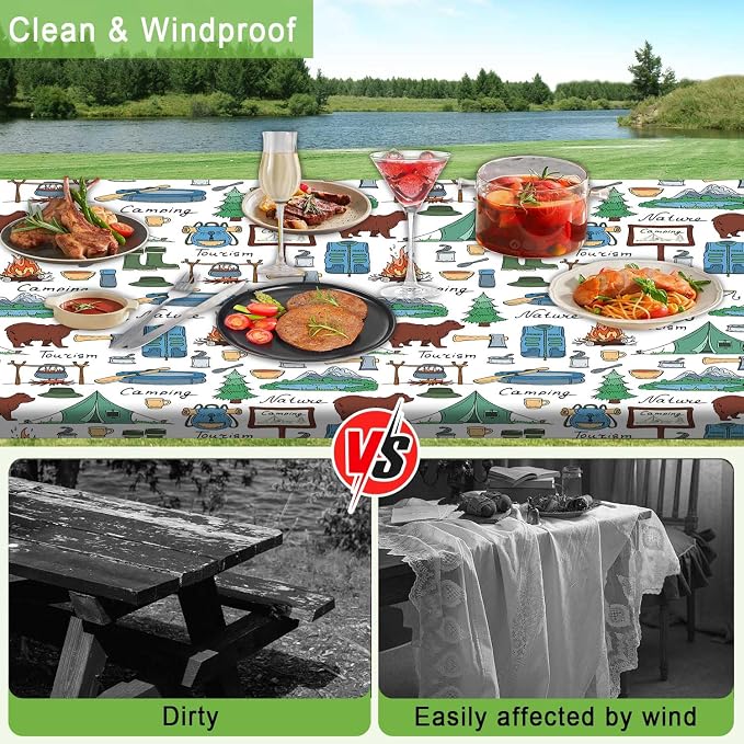 JAWO Camper Picnic Table Cover with Bench Covers, Camping Bear Tent Nature Camper RV Essentials Gear Supplies Outdoor Waterproof Windproof Tablecloth with Elastic, 30X60in