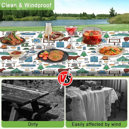 JAWO Camper Picnic Table Cover with Bench Covers, Camping Bear Tent Nature Camper RV Essentials Gear Supplies Outdoor Waterproof Windproof Tablecloth with Elastic, 30X60in