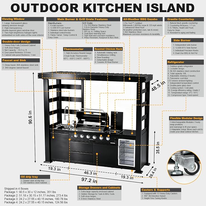 97.2" 4-Burner Modular Outdoor Kitchen Island, 72000 BTU Propane Gas Grill | Side Stove, Rear Infrared, Galvanized Steel Roof, Granite Countertop, Fridge, 360° Pull-Out Faucet,304 Sink, Rotisserie
