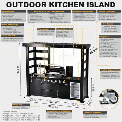 97.2" 4-Burner Modular Outdoor Kitchen Island, 72000 BTU Propane Gas Grill | Side Stove, Rear Infrared, Galvanized Steel Roof, Granite Countertop, Fridge, 360° Pull-Out Faucet,304 Sink, Rotisserie
