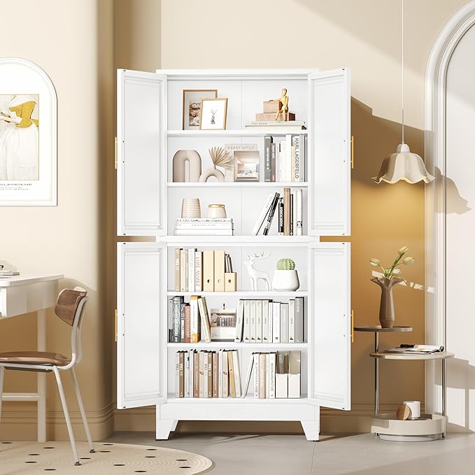 GAIOUS 75.2" Tall Metal Pantry Cabinet, Kitchen Pantry Storage Cabinets with 4 Door and 4 Adjustable Shelves, White Storage Cabinet, Freestanding Cupboard for Kitchen Dining Room Living Room Bathroom
