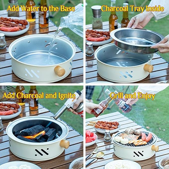 Portable charcoal grill, round tabletop small grill indoor outdoor dual-use, camping picnic garden beach party