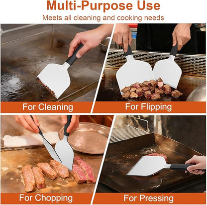 Stainless Steel Griddle Scraper, 5.3" & 4.5" Wide, Heavy Duty Metal Scraper, Sharp Blade and Full Tang Silicone Handle, Great BBQ Cleaning Kit for Flat Top Grill & Griddle Accessories (2 Pack)