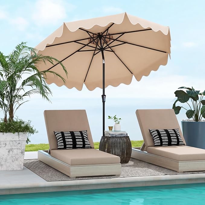 Tangkula 9Ft Patio Umbrella with Crank, 2-Tier Outdoor Umbrella with Push Button Tilt, Sun-Protective Canopy, 8 Ribs, Scalloped Patio Umbrella for Outdoor Beach Deck Pool Table (Beige)