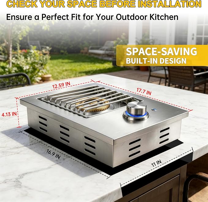Built-In Single Side Burner for Outdoor Grill with Cover, LED Control Knob | Heavy-Duty 304 Stainless Steel Drop-In Side Burner, 17,500 BTU Natural Gas & Propane Burner for BBQ Island Outdoor Kitchen