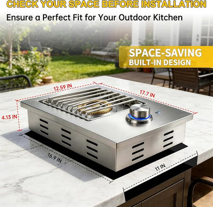 Built-In Single Side Burner for Outdoor Grill with Cover, LED Control Knob | Heavy-Duty 304 Stainless Steel Drop-In Side Burner, 17,500 BTU Natural Gas & Propane Burner for BBQ Island Outdoor Kitchen