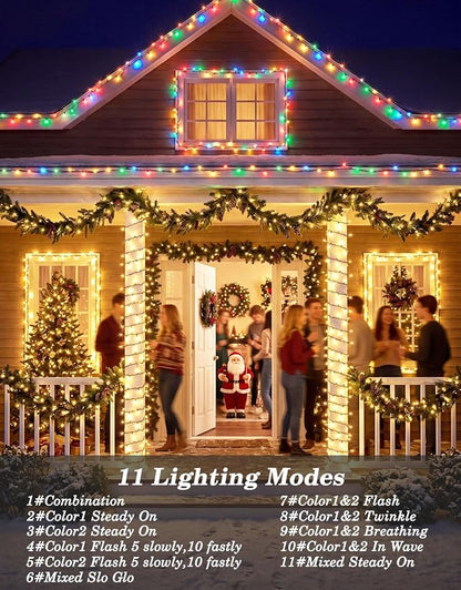 2 Pack 200LED Solar Christmas String Lights Outdoor Waterproof | Total 132FT Twinkle Lights with 8 Lighting Modes Remote for Outside Christmas Trees Decorations, Warm White & Multicolor