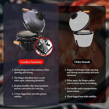 London Sunshine Ceramic BBQ Charcoal Kamado Grill 13 inch Portable Tabletop BBQ Bright Gray