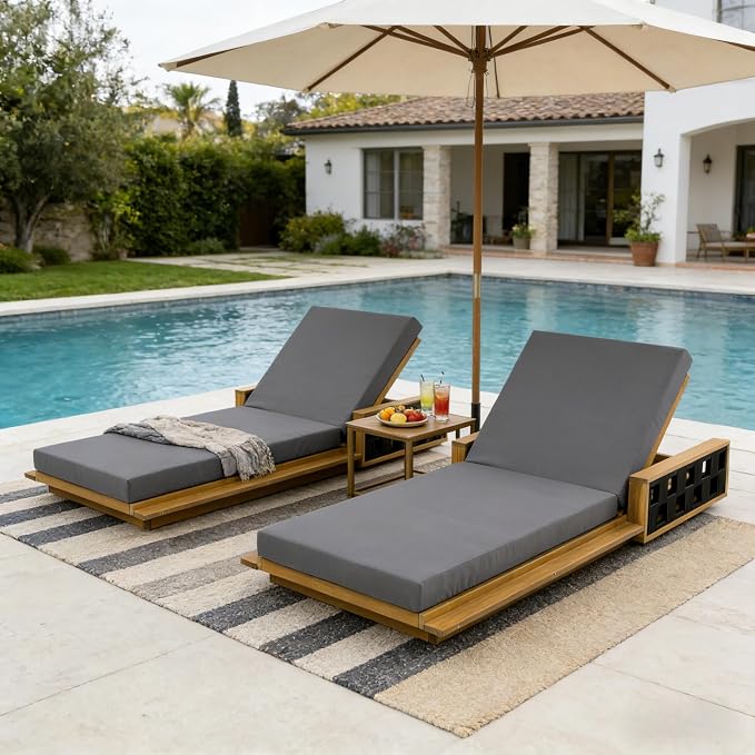 Merax Outdoor Chaise Lounge Set of 2, Acacia Wood Patio Reclining Chairs with 4-Position Adjustable Backrest, 2-Piece Sunbathing Recliner & 4" Thick Double-fold Cushion for Poolside, Garden, Dark Gray