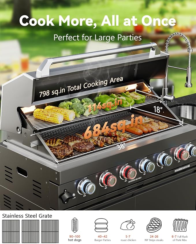 82" Natural Gas Outdoor Kitchen Island with Grill, 6-Burner 85,000 BTU BBQ Island, 304 Stainless Steel, Refrigerator, Sink & Rotisserie, Black