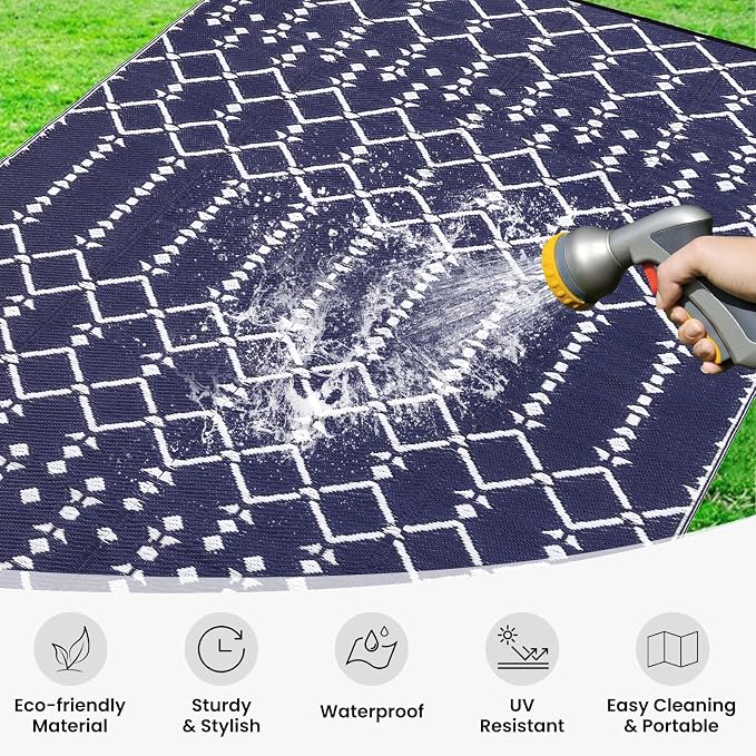 Smiry Outdoor Rug 6x9 ft Waterproof Reversible Boho Mat, Navy | Polypropylene Plastic Straw, Quick Drying, Lightweight Foldable, for Patio, Deck, RV Camping, Backyard and Indoor Outdoor Use