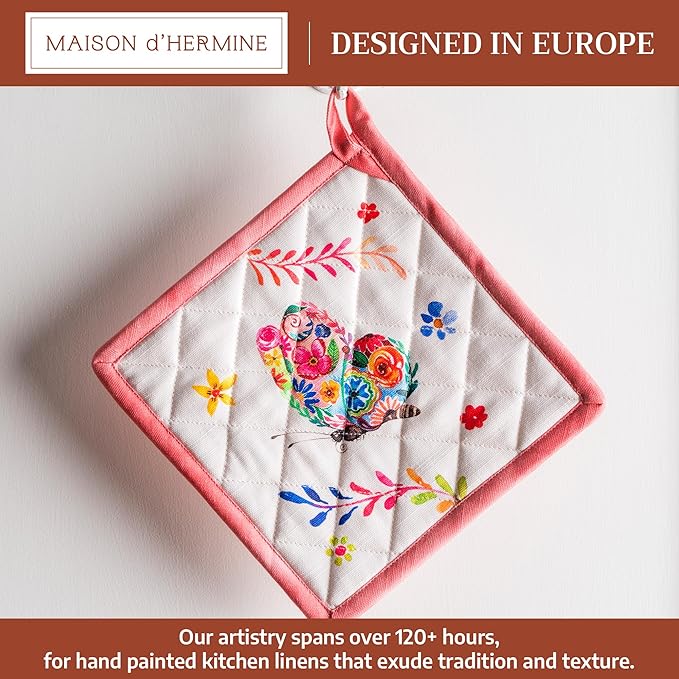 Maison d' Hermine Pot Holders 100% Cotton Heat Resistant Potholders 8" x 8" Hot Pads with Loop Baking Hotel Farmhouse Kitchen Handling Hot Pans Spring Summer (Pack of 1, Happy Florals - High Summer)