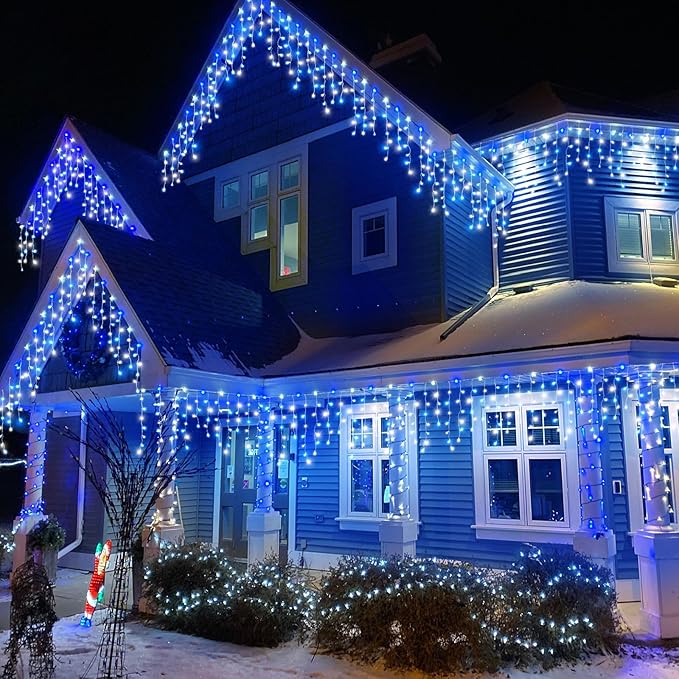 132ft Icicle Lights for Outside, Blue and White Christmas Lights Outdoor Indoor, 1280 LED Twinkle String Light with 240 Drops Curtain Light for Thanksgiving Room Home Wall Bedroom Window Decoration