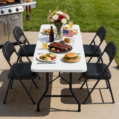 Folding Dining Table Set for 4, 5FT Foldable Plastic Table with Carrying Handle & 4 PU Leather Padded Folding Chairs, Portable Table and Chairs Set for Indoor Outdoor, Party, Wedding, Picnic, Camping