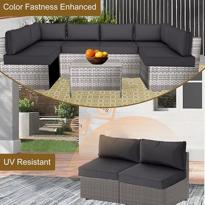 14 Piece Outdoor Patio Cushion Cover Replacement, Waterproof Patio Cushion Covers, Outdoor Furniture Cushion Covers Set for 6 Seat Wicker Rattan Sofa (Deep Grey)