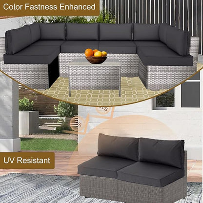 14 Piece Outdoor Patio Cushion Cover Replacement, Waterproof Patio Cushion Covers, Outdoor Furniture Cushion Covers Set for 6 Seat Wicker Rattan Sofa (Deep Grey)