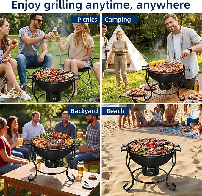 Portable Charcoal Grill with Built-In Thermometer, Adjustable Air Vent & Easy Cleanup, Portable BBQ Grill for Camping, Tailgating, Picnics and Small Backyard Cookouts, Easy-to-Carry Outdoor Grill