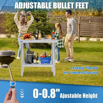 KUARBARR Stainless Steel Table for Prep & Work with Undershelf 24 x 30 Inches NSF Metal Commercial Kitchen Prep Table with Adjustable Under Shelf Worktable for Restaurant Home Outdoor
