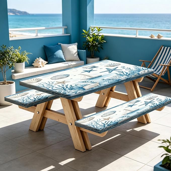 JAWO Picnic Table Cover with Bench Covers and Bag, Tropical Beach Starfish Rv Essentials, Waterproof Windproof Fabric, Fitted Tablecloth Cover with Elastic Edge, 3 PCS, 30x72 Inch