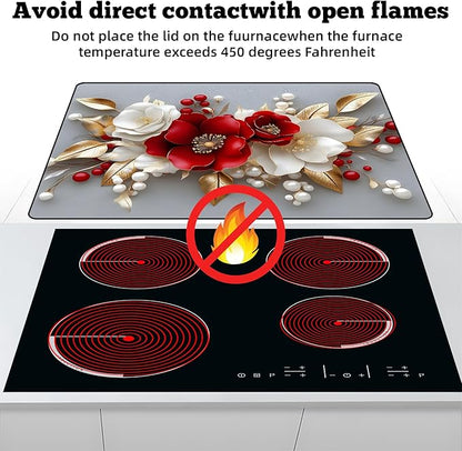 Multi-Design Stove Cover for Glass/Electric Stoves - 3-in-1 Heat-Resistant Protector Mat, Non-Slip Drying Rack 28"x20" (3D Flowers)