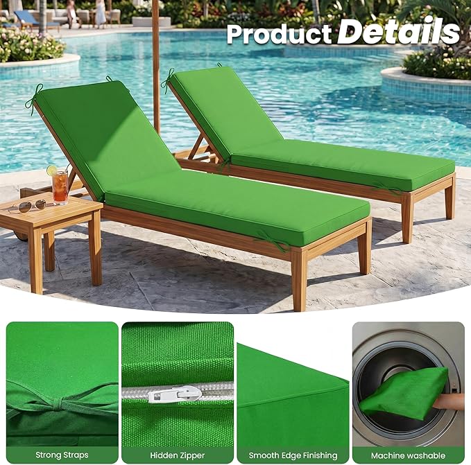 Chaise Lounge Cushions Outdoor, Water-Resistant and Fade-Resistant Patio Lounge Chair Cushions, Furniture Replacement Cushions Ideal for Pools, Gardens and Balconies, 72" x 21" x 3",Green