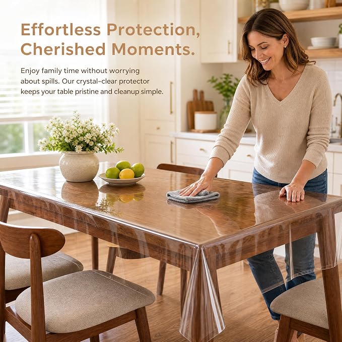 sancua Clear Plastic Table Cover Protector Waterproof Tablecloth 60x60 Inch | Vinyl PVC Square Table Cloth, Oil Spill Proof Wipe Clean, For Dining Tables, Parties & Camping, Crystal Clear