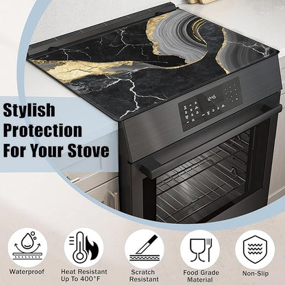 Black Gold Marble Glass Top Stove Cover Protector,Modern Heat Resistant Stove Top Cover, Large Size Range Covers for Electric Stove Countertop Mat, 28 x 20 Inch