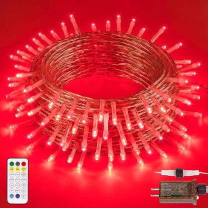 33FT 100 LED Red Christmas Valentine's Day Twinkle String Lights | Remote Control, 13 Modes with Memory, 4 Dimmable Brightness, 4 speed levels, Connectable, IP65 Waterproof, Transparent Wire