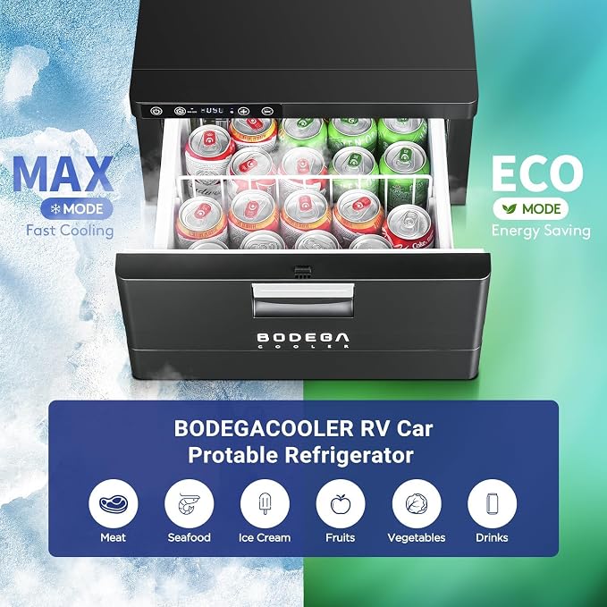 BODEGACOOLER 12 Volt Drawer Refrigerator, 33Quart(31L) RV Fridge Freezer | Portable Refrigerator (-4℉-68℉) with APP Control, 12/24V DC, for Travel ,Camping, Road Trips Tailgating, Truck, Van, SUV