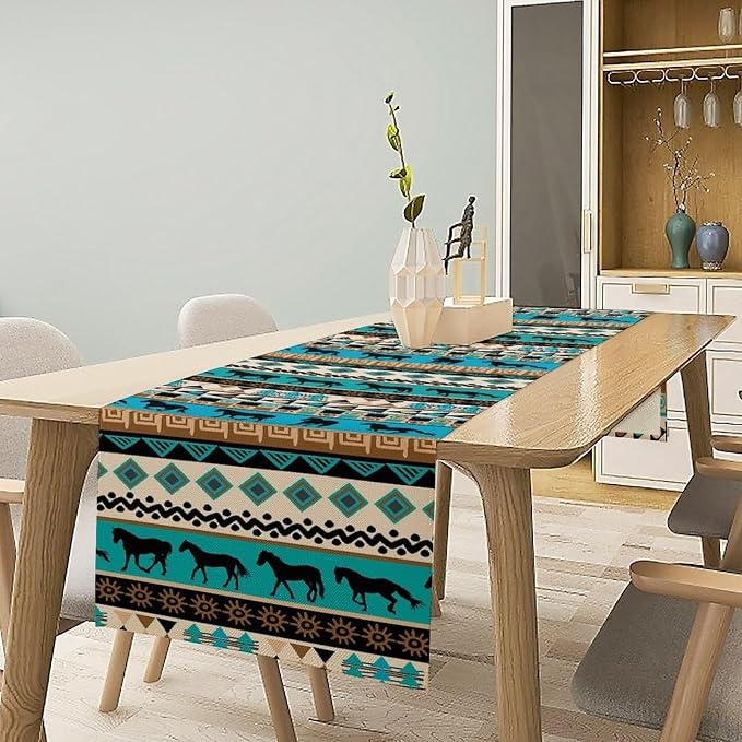 Aztec Horse Print Table Runner, Spring Summer Seasonal Holiday Kitchen Dining Table Decoration for Indoor Outdoor Home Party 13x108 Inch