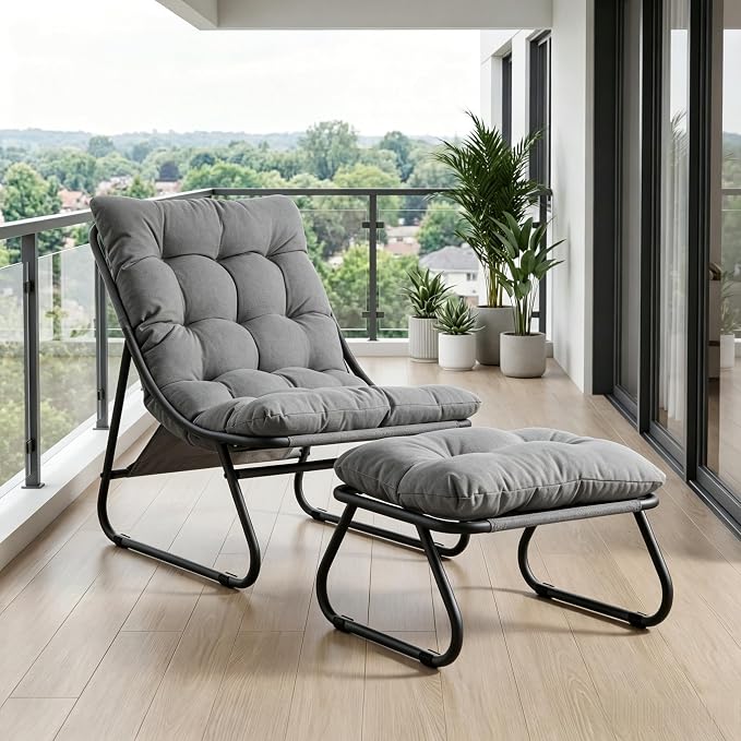 Rocking Chair with Ottoman, Modern Metal Frame Outdoor Rocker, Comfy Patio Lounge Chair with Footrest, Reading Glider Chairs for Living Room, Bedroom, Balcony, Garden, Relax, Grey