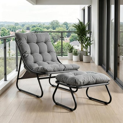 Rocking Chair with Ottoman, Modern Metal Frame Outdoor Rocker, Comfy Patio Lounge Chair with Footrest, Reading Glider Chairs for Living Room, Bedroom, Balcony, Garden, Relax, Grey