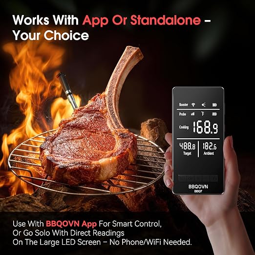 Smart WiFi Wireless Meat Thermometer, Sub-1G Long Range 1000FT, 7 NIST Certified Sensors in 1 Thinner Probe ±0.5℉ Accuracy, Standalone Base with App