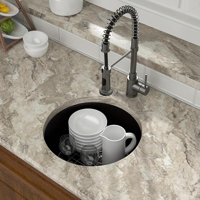 Mocoloo 18 Inch Round Bar Sink Undermount - Black Granite Composite Quartz Prep Sinks Small Kitchen Sink for Island or RV