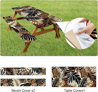 FOREVER QUEEN Picnic Table Cover with Bench Covers 72in,Waterproof Windproof Fitted Tablecloth,Leopard Print with Tropical Leaves Camping Essentials with Drawstring Bag for Patio,Park & Backyard