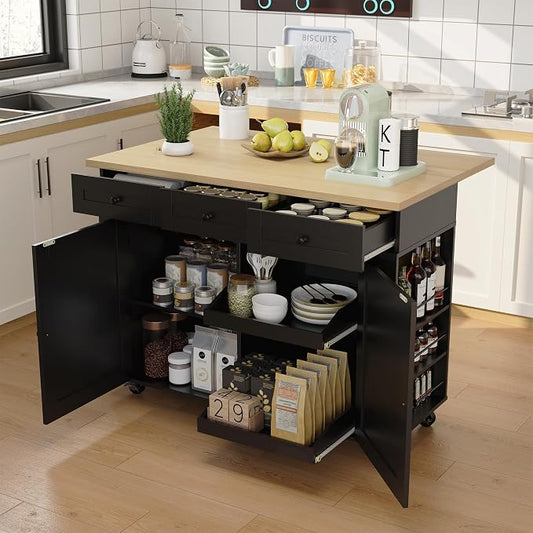 Rolling Kitchen Island with Drop Leaf Countertop, Charging Station | Ample Storage - 47.2" Mobile Kitchen Cart On Wheels with Pull-Out Shelves, Drawers, Spice Rack & Organizer Divider