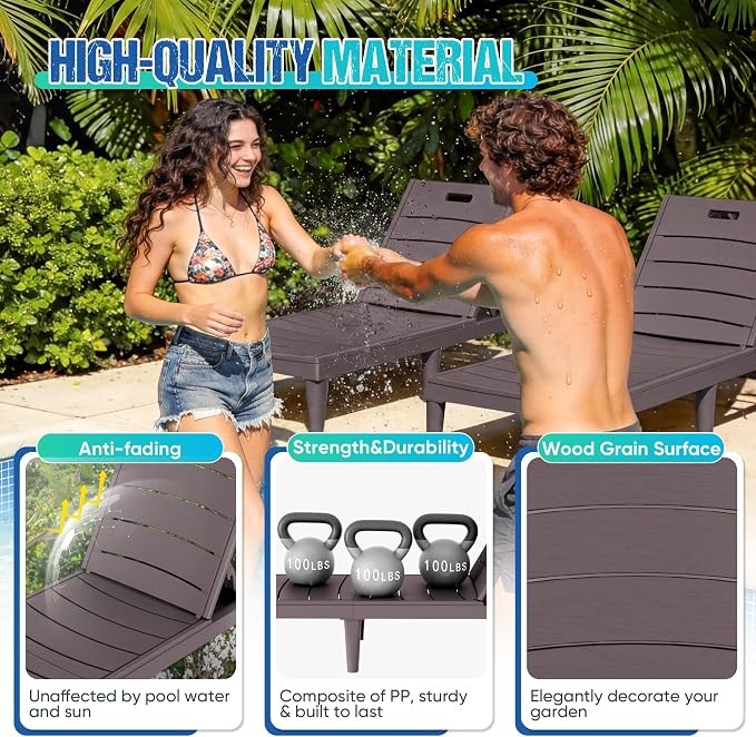 Greesum Outdoor Chaise Lounge Chair Set of 2, Waterproof 5-Position Adjustable PP Sun Loungers for Patio, Poolside, and Beach Sunbathing, Brown