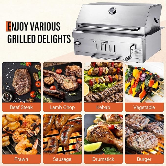 28In Built in BBQ Grills, Large Outside Charcoal Grill with BBQ Fork Kit Liftable Tray & Thermometer, Silver Stainless Steel Barbecue Grill for Outdoor Kitchen Cooking Patio Camping Park