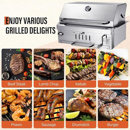 28In Built in BBQ Grills, Large Outside Charcoal Grill with BBQ Fork Kit Liftable Tray & Thermometer, Silver Stainless Steel Barbecue Grill for Outdoor Kitchen Cooking Patio Camping Park
