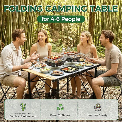 KingCamp Folding Camping Table, Aluminum Roll-Up Camp Table, Large Foldable Table for 4-6 Person, Outdoor Portable Tables with Carry Bag, 176 LBS Heavy Duty Load (Bamboo：40.16“x27.5”，4-6 People)