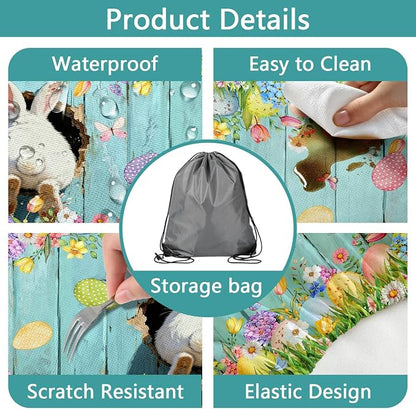Easter Picnic Table Cover with Bench Covers, Cute Bunny Flower Blue Wooden Board Camping Tablecloth, Waterproof Windproof, Fitted Tablecloth Cover with Elastic Edge, for Outdoor, 3 PCS, 30x72 Inch